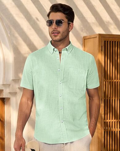Alimens & Gentle Mens Linen Shirt Short Sleeve Casual Cotton Button-Down Shirts Collared Summer Beach Shirts in Kuwait