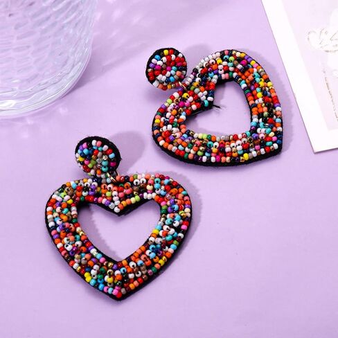 CEALXHENY Beaded Drop Earrings Handmade Seed Bead Heart Hoop Dangle Earrings Bohemia Statement Earring Studs for Women Girls in Kuwait