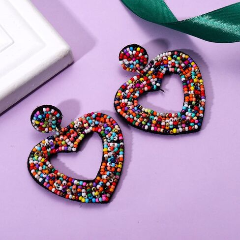 CEALXHENY Beaded Drop Earrings Handmade Seed Bead Heart Hoop Dangle Earrings Bohemia Statement Earring Studs for Women Girls in Kuwait