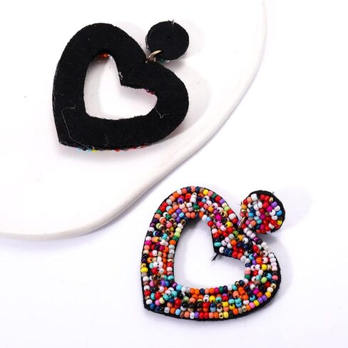 CEALXHENY Beaded Drop Earrings Handmade Seed Bead Heart Hoop Dangle Earrings Bohemia Statement Earring Studs for Women Girls in Kuwait