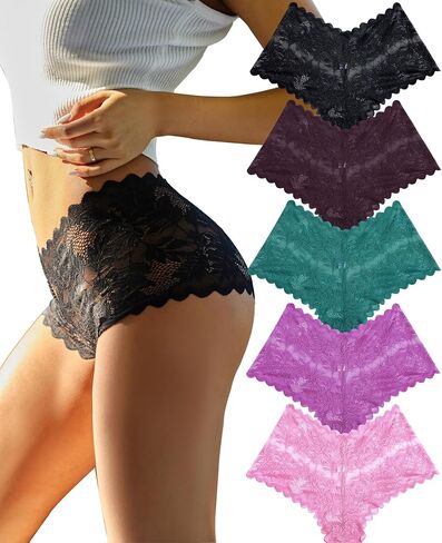 FINETOO Sexy Underwear for Women V-Waist Shorts Women' s Underwear Lightweight Soft Lace High Waist Panties 5 Pack in Saudi Arabia