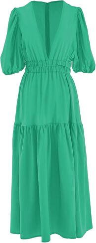 HOULENGS Women's Deep V Neck Puff Short Sleeve Tiered Dress Elastic High Waist Flowy A Line Midi Dresses in Kuwait
