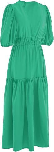 HOULENGS Women's Deep V Neck Puff Short Sleeve Tiered Dress Elastic High Waist Flowy A Line Midi Dresses in Kuwait