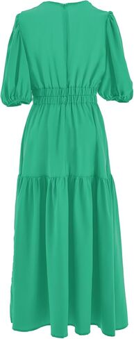 HOULENGS Women's Deep V Neck Puff Short Sleeve Tiered Dress Elastic High Waist Flowy A Line Midi Dresses in Kuwait
