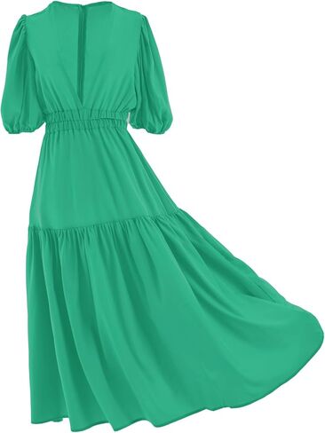 HOULENGS Women's Deep V Neck Puff Short Sleeve Tiered Dress Elastic High Waist Flowy A Line Midi Dresses in Kuwait