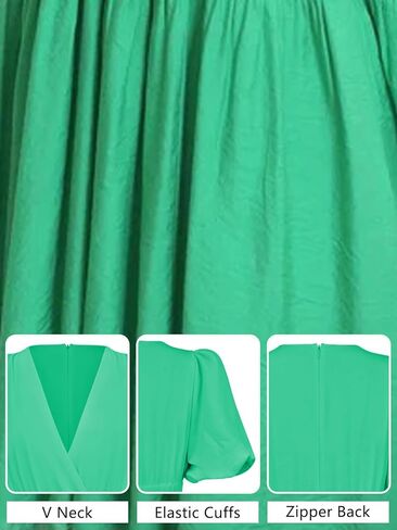 HOULENGS Women's Deep V Neck Puff Short Sleeve Tiered Dress Elastic High Waist Flowy A Line Midi Dresses in Kuwait