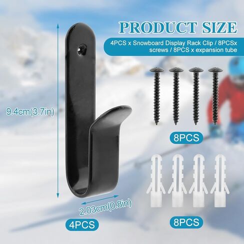 4pcs Horizontal Snowboard Wall Mount Clips, Snowboard Rack Storage Holder Metal, Snowboard Display Wall Mount for Room, Garage(Black) in Kuwait
