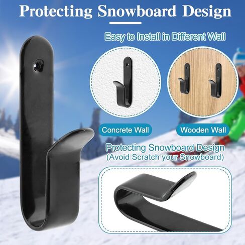 4pcs Horizontal Snowboard Wall Mount Clips, Snowboard Rack Storage Holder Metal, Snowboard Display Wall Mount for Room, Garage(Black) in Kuwait