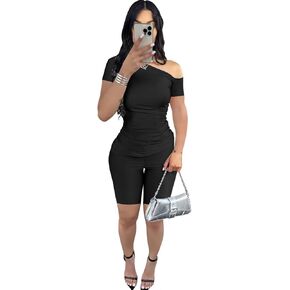 Fastkoala Women's Two Piece Outfits Summer Sexy One Shoulder Sweatsuits Bodycon Shorts Pant Sets Tracksuits