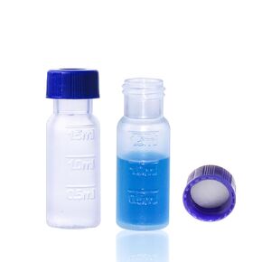 2ML Polypropylene Vials, 9mm Short Thread Vial with Graduation, Blue Screw Cap with Hole, WhitePTFE&Red Silicone Septa, for Ion Chromatography, 100 of Pack