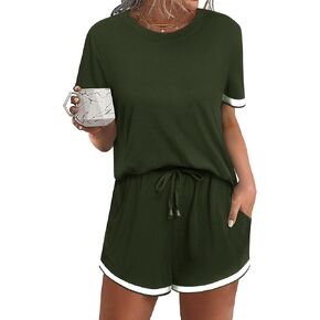 MYMORE Women's Casual Summer Color Block Romper Shorts Drawstring Waist Short Sleeve Jumpsuit Rompers with Pockets