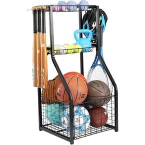 Sports Equipment Organizer for Garage Organization,Ball Storage With Basketball Holder and Ball Cart Rack,Outdoor Toy Storage with Bin for Nerf Gun,Football,Volleyball Stuf,Gym Accessories