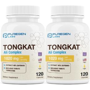 Puregen Labs Tongkat Ali Extract 200 to 1 for Men, 1020mg per Serving, [High Potency] Total 240 Capsules - Men's Health Support with 20mg Tribulus Terrestris | Non-GMO, Gluten Free, Made in USA