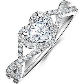 DIYA 1CT Moissanite Diamond Halo Heart Engagement Rings for Women, 925 Sterling Silver Vintage Split Shank Twisted Heart Wedding Band Anniversary Valentine's Day Jewelry Gift for Her