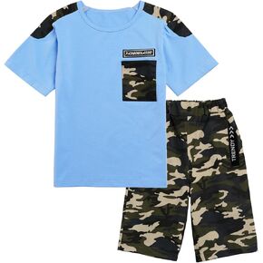 LOLANTA Boy Summer Clothes Kids Casual 2 Piece Outfit Cotton T-Shirt Camouflage Shorts Set