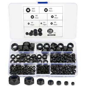 Nylon Insert Lock Nuts, 220pcs Nylon Insert Hex Lock Nuts, Nylon Inserted Self Locking Nuts, Carbon Steel Black Locknuts, Hex Drive, M3 M4 M5 M6 M8 M10 M12