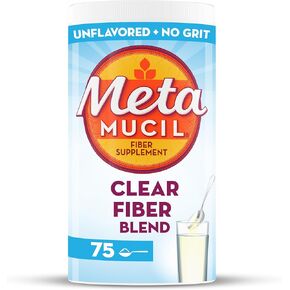 Metamucil Fiber Supplement, Unflavored Clear Mixing Powder, No Grit, No Sugar Added, Plant Based Prebiotic Fiber Blend for Daily Digestive Health, 75 teaspoons