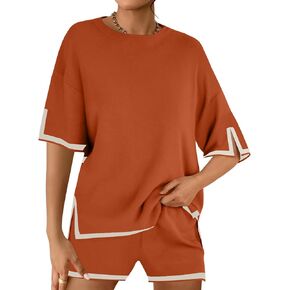 Tankaneo Womens 2 Piece Pajama Set Short Sleeve Lounge Sets Soft Knit Sleepwear Fashion Contrast Hem Sweat Suit