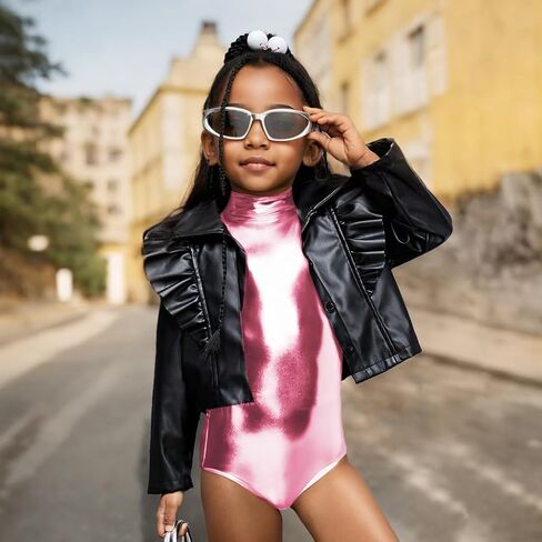 Javly Girls Metallic Unitard Toddler Sparkly Tumbling Gymnastics Dance Leotard Mock Neck Long Sleeve Zipper Back Bodysuit in Kuwait