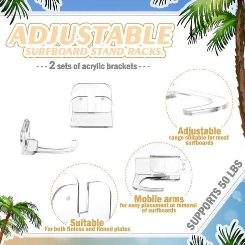 Yousoontic 2 Sets Surfboard Wall Mount Rack Clear Acrylic Surf Board Wall Display Vertical Surfboard Wall Rack Wall Storage Holder Hanger for Surfboards Short Boards snowboard Holds 50 Lbs in Saudi Arabia