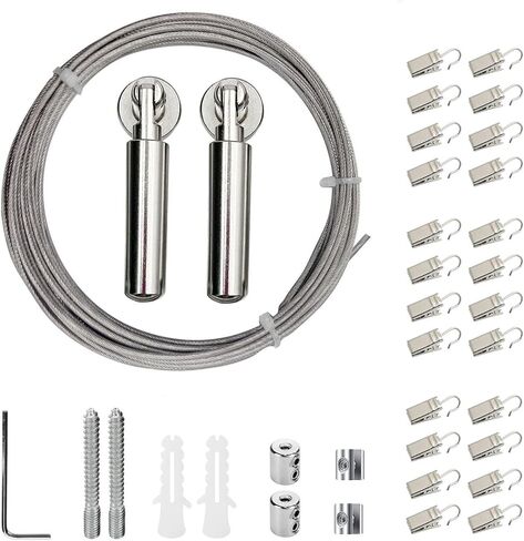 Wall Mount Curtain Wire Rod Kit Stainless Steel Picture Hanging Wire with 24 Hanging Clips Clothesline Wire Multi-Purpose Curtain Rod Set(Black) in Saudi Arabia