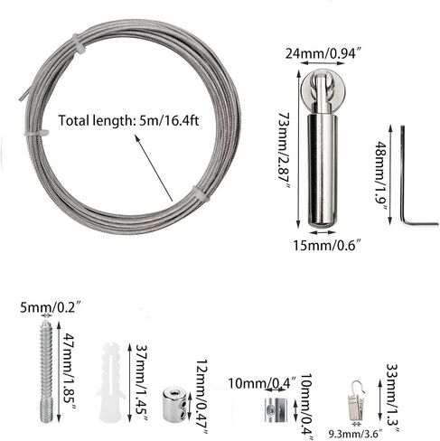 Wall Mount Curtain Wire Rod Kit Stainless Steel Picture Hanging Wire with 24 Hanging Clips Clothesline Wire Multi-Purpose Curtain Rod Set(Black) in Saudi Arabia