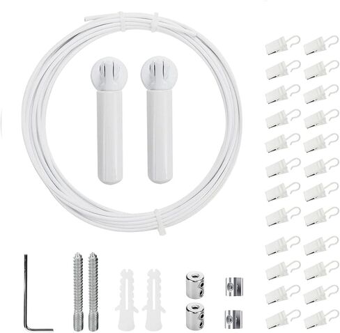 Wall Mount Curtain Wire Rod Kit Stainless Steel Picture Hanging Wire with 24 Hanging Clips Clothesline Wire Multi-Purpose Curtain Rod Set(Black) in Saudi Arabia