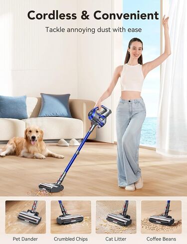 Cordless Vacuum Cleaner, 20Kpa Powerful Stick Vacuum with Large Floor Brush, Multi Cyclone Filtration, 40Mins Runtime, Lightweight Handheld Vacuum for Hard Floors Carpets - Blue in Saudi Arabia