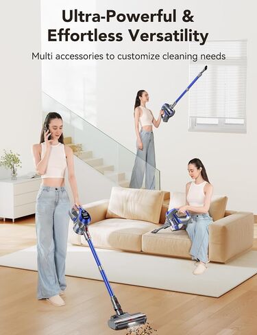 Cordless Vacuum Cleaner, 20Kpa Powerful Stick Vacuum with Large Floor Brush, Multi Cyclone Filtration, 40Mins Runtime, Lightweight Handheld Vacuum for Hard Floors Carpets - Blue in Saudi Arabia