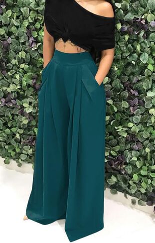 Chatinction Women's Casual Palazzo Pants High Waist Pleated Polka Dot Printed Wide Leg Pants with Pockets in Kuwait