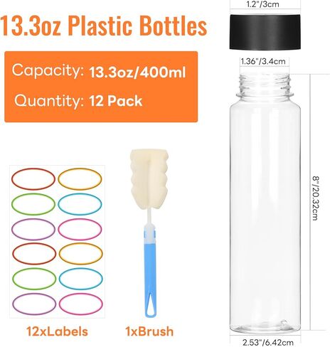 STARSIDE 12 عبوة 13.6 أونصة (400 مل) زجاجات مياه بلاستيكية قابلة لإعادة الاستخدام مع أغطية سوداء كبيرة الحجم، زجاجات حسية شفافة، زجاجات عصير فارغة مانعة للتسرب لتخزين عصير المشروبات والشاي والحليب in Kuwait