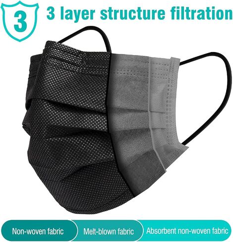 100 Pack Disposable Face Masks, 3 Ply Filter Protection Black Disposable Face Masks in Saudi Arabia