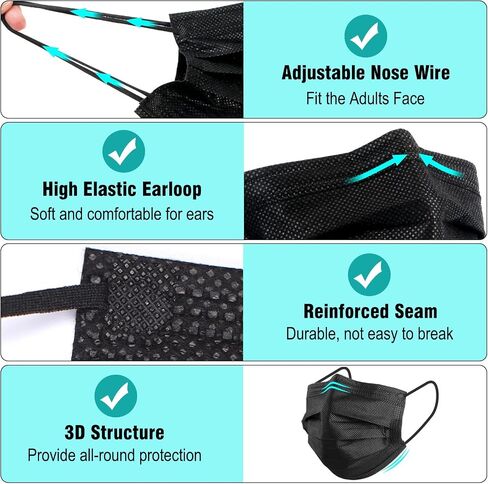 100 Pack Disposable Face Masks, 3 Ply Filter Protection Black Disposable Face Masks in Saudi Arabia