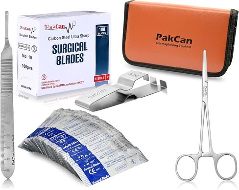 مجموعة أدوات تقشير الجلد الاحترافية مكونة من 4 قطع - مقبض مشرط من الفولاذ المقاوم للصدأ 3، مرقأة لتركيب الشفرات، مزيل الشفرات، 100 شفرة ديرمابلان in Kuwait