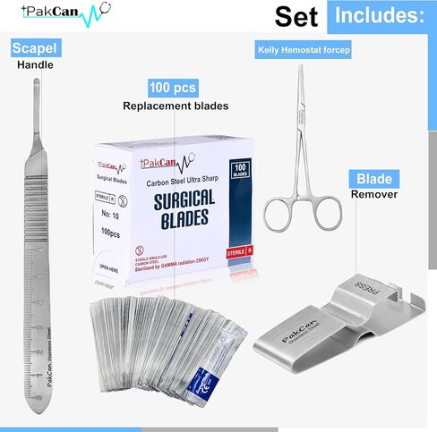 مجموعة أدوات تقشير الجلد الاحترافية مكونة من 4 قطع - مقبض مشرط من الفولاذ المقاوم للصدأ 3، مرقأة لتركيب الشفرات، مزيل الشفرات، 100 شفرة ديرمابلان in Kuwait