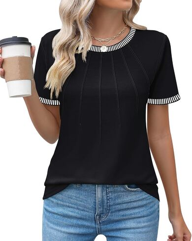 بلوزات علوية نسائية كاجوال بياقة دائرية وأكمام قصيرة من Kistore، بلوزات عصرية وملابس 2024 in Kuwait