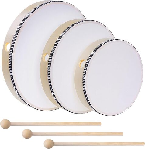 3pcs Hand Drum Percussion Wood Frame Drum with Drum Stick 12 Inch 10 Inch 8 Inch Percussion Instruments Preschool Musical Education Performance Pro (Wood Color, 12 Inch 10 Inch 8 Inch) in Kuwait