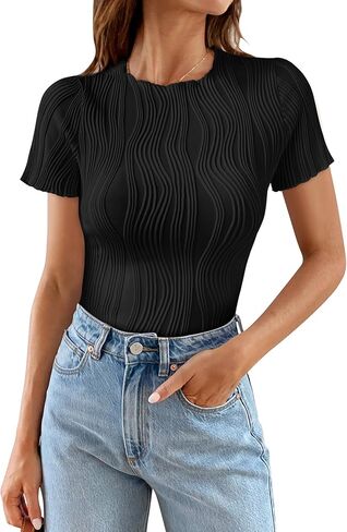 قمصان LOLONG النسائية ذات الأكمام القصيرة والرقبة الدائرية الكاجوال، بلوزات ذات ملمس سادة، قمصان ضيقة in Kuwait