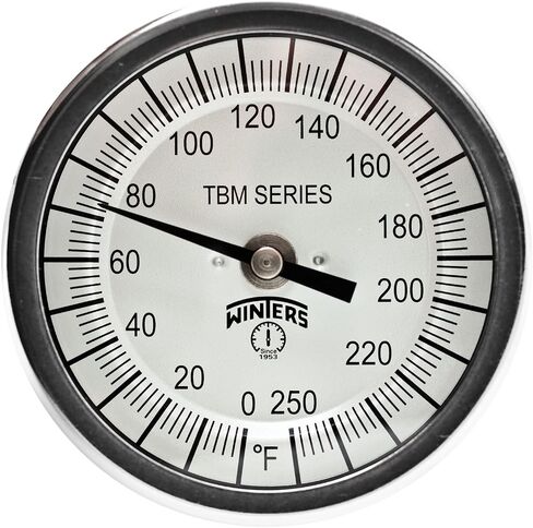 Winters TBM Series Stainless Steel 304 Single Scale Bi-Metal Thermometer, 4" Stem, 1/2" NPT Fixed Center Back Mount Connection, 3" Dial, 0-250 F Range in Saudi Arabia