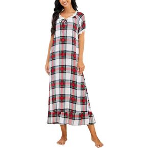 Women’s Plaid Lace Summer Night Dress Ruffle V Neck Short Sleeve Long Lounge Dress