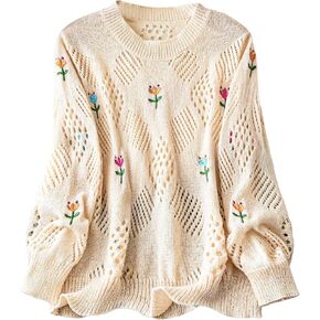 SHENHE Women's Plus Size Cute Floral Embroidered Crew Neck Pointelle Sweater Knit Top Pullover