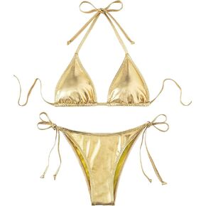 Verdusa Women's 2 Piece Bathing Suit Metallic Swimwear Halter String Triangle Bikini Sets