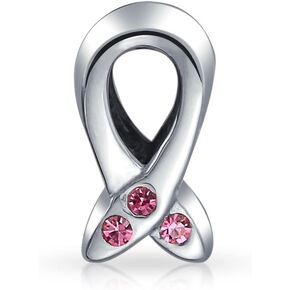 Empowering Elegance Pink Ribbon Awareness Enamel CZ Glass Dangle Breast Cancer Survivor Charm Bead For Women Genuine .925 Sterling Silver - Fits European Bracelet"