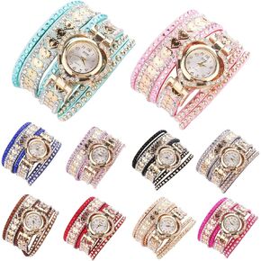 CdyBox Women Fashion Watch Inlay Rhinestone Quartz Watches Heart Shape Dial Bracelet Winding Wrap Wristwatches 10 Pack