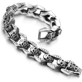COOLSTEELANDBEYOND Gothic Biker Stainless Steel Vintage Skulls Charm Link Chain Bracelet for Men, Masculine