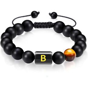 Initials Bracelets for Men Letter Handmade Natural Black Matte Agate Tiger Eye Stone Beaded Braided Rope Bracelet Personalized Jewelry Gifts