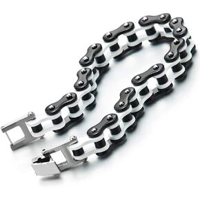 COOLSTEELANDBEYOND Mens Stainless Steel White Black Motorcycle Bike Chain Bracelet with Buckle Clasp Masculine Polished