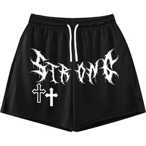Men's Letter Graphic Print Drawstring Waist Workout Shorts Casual Tie Front Vintage Track Shorts Athletic Gym Shorts