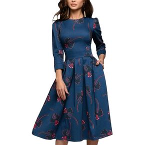 Simple Flavor Women's Floral Evening Flare Vintage Midi Dress 3/4 Sleeve(XH3333BL,Small)