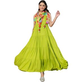 Janasya Indian Women's Lime Green Rayon Solid Kurta and Scarf